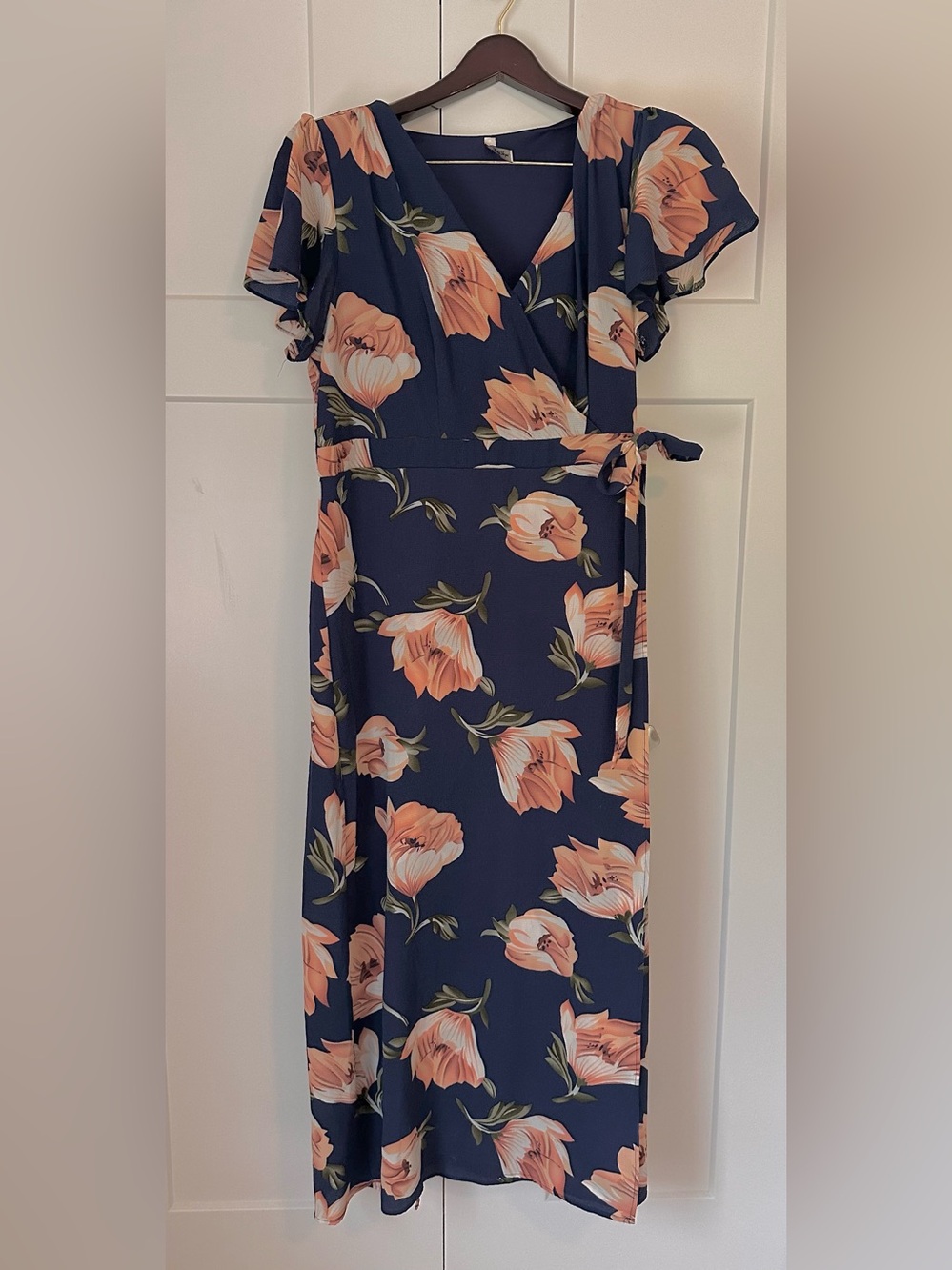 Wrap Maxi‎ Dress in Navy with Peach Floral Print